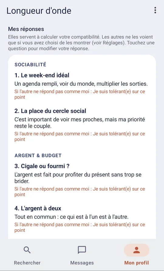Questionnaire de compatibilité de l'application de rencontre Longueur d'onde